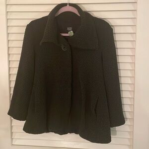Eileen Fisher Matted Black Intricately Woven Tweed Single Wooden Button Jacket